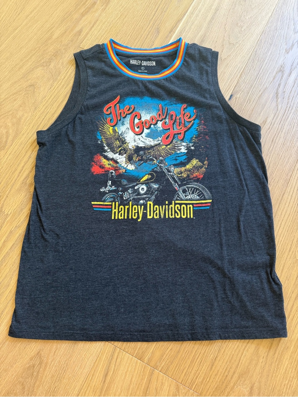 Harley-Davidson Women’s Charcoal Tank with Red, Blue & Yellow Graphic Large